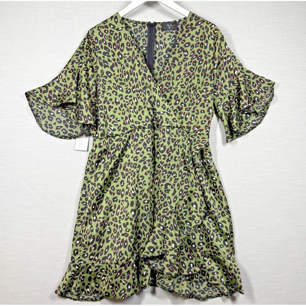 AX Paris Dress Women 14 Green Leopard Wrap Ruffle Hem Short Sleeve
